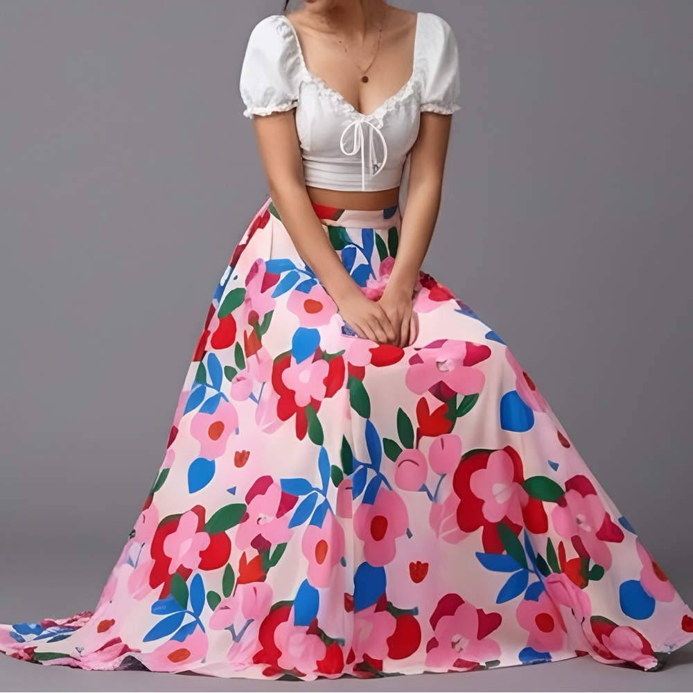 Boho A-Line Floral Maxi Skirt Pink - Picture 2 of 9